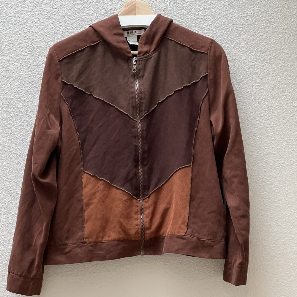 ⛱️Vintage Kikit Sport - Brown Faux Suede Full Zip Hoodie - L - Picture 2 of 4